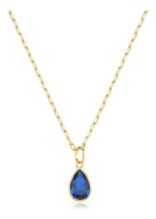 Colar De Ouro 18k Elos Longos Com Ponto De Luz Gota E 45cm Cor Azul