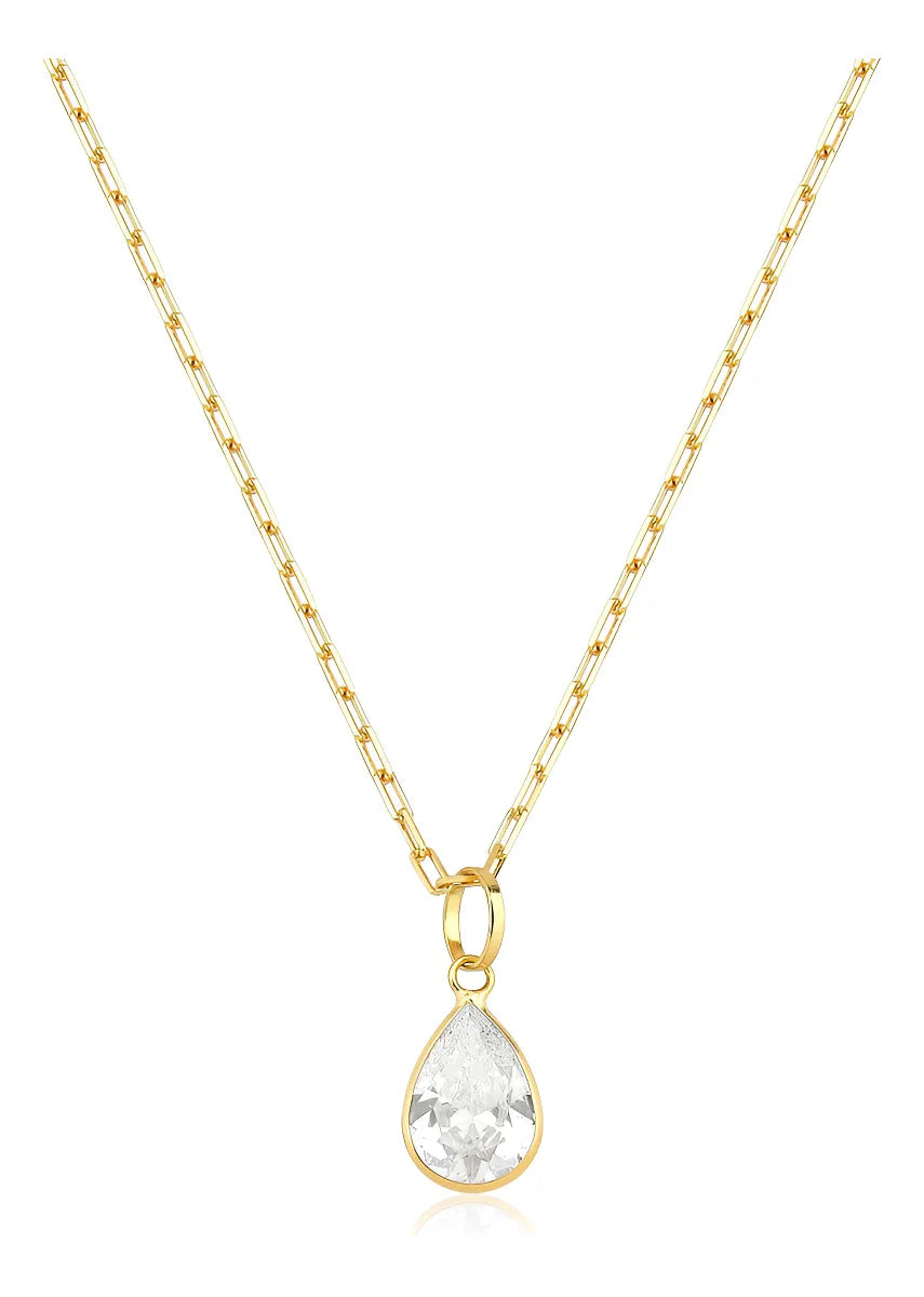 Colar De Ouro 18k Elos Longos Com Ponto De Luz Gota E 45cm Cor Branco