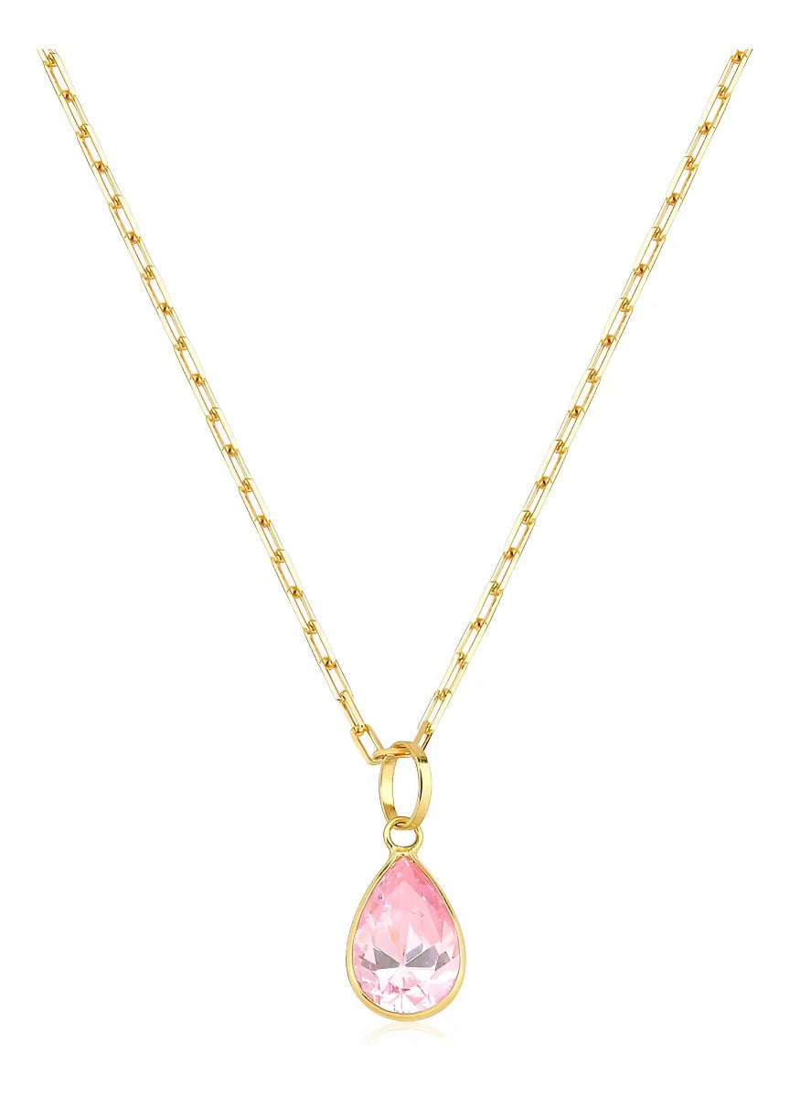 Colar De Ouro 18k Elos Longos Com Ponto De Luz Gota E 45cm Cor Rosa