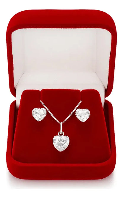 Colar Prata 925 Legítima + Brincos Feminino Coração Zircônia Prata