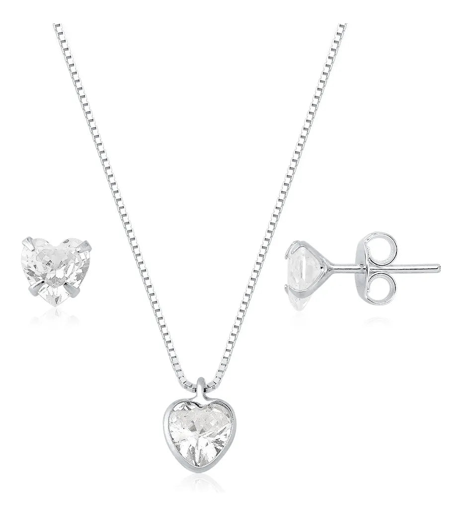 Colar Prata 925 Legítima + Brincos Feminino Coração Zircônia Prata