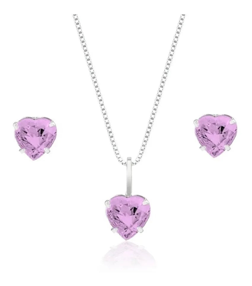 Conjunto Colar 50cm Prata 925 E Par Brincos Coração Zircônia Cor Rosa