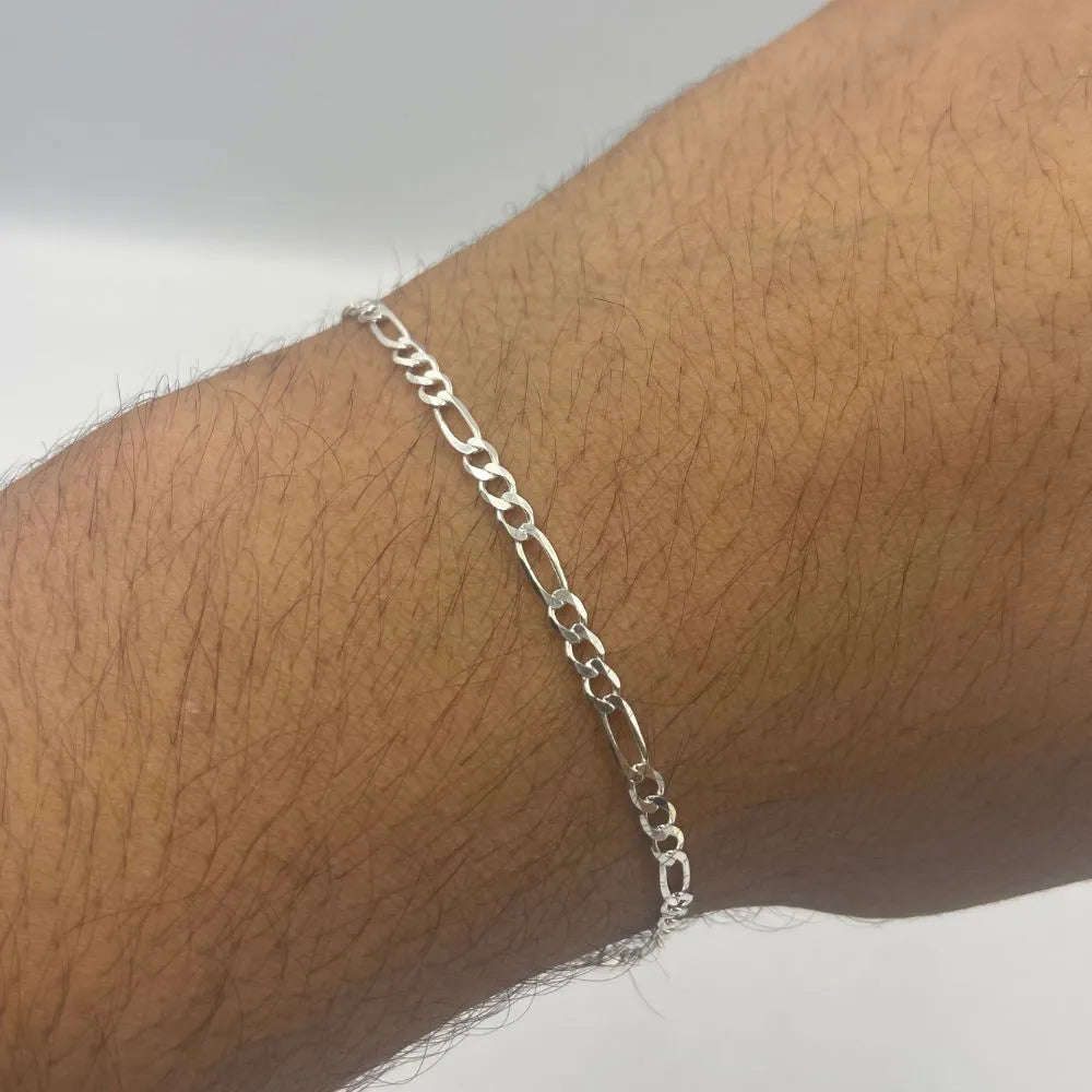 Pulseira Masculina De Prata 925 Italiana Fígaro 3x1 - 3mm - 21 Cm