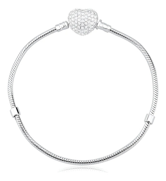Pulseira Para Berloques De Prata 925 Coração Com Zircônias Comprimento 18 Cm