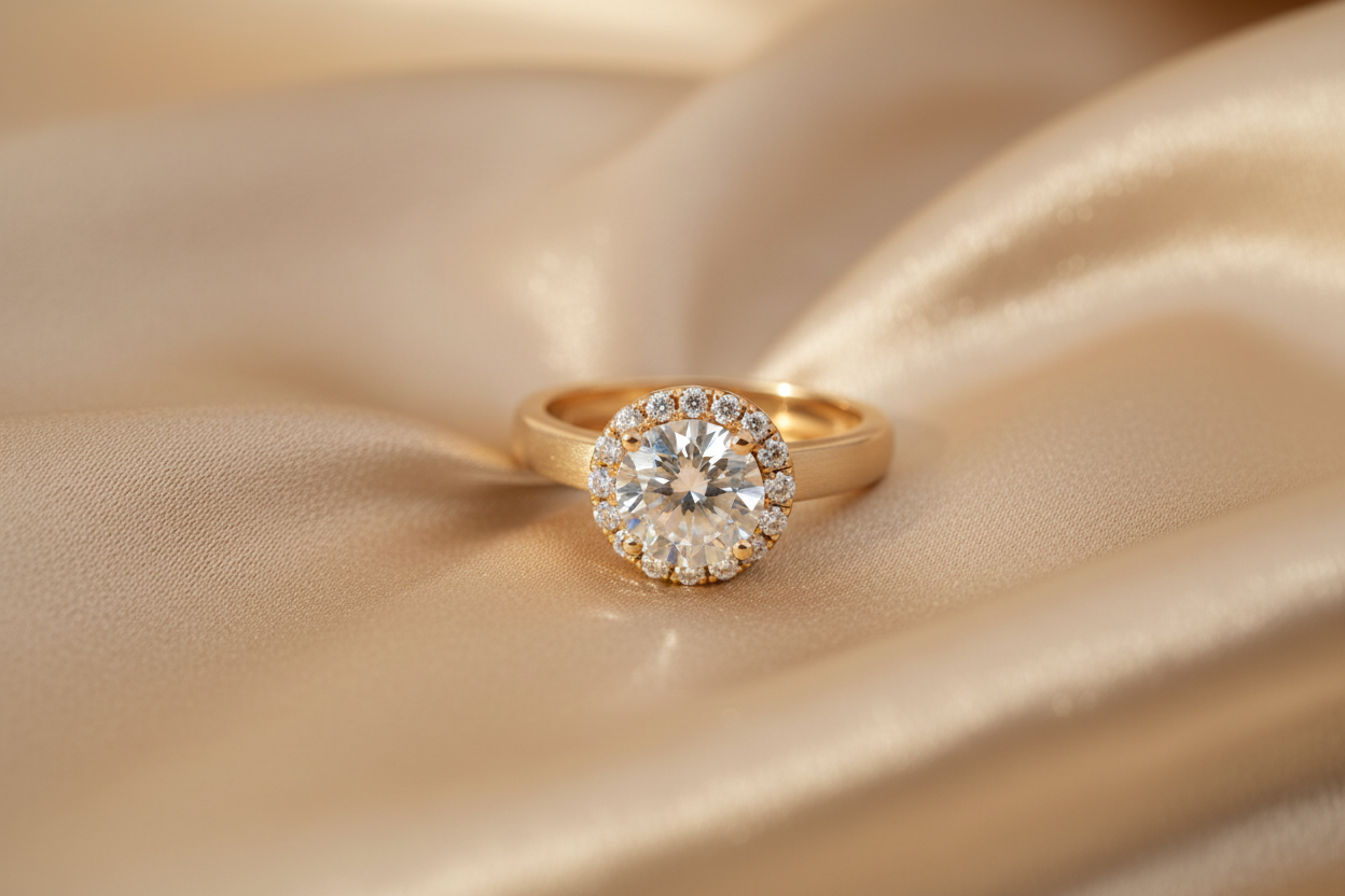 Anel de ouro com diamante em tecido de seda bege